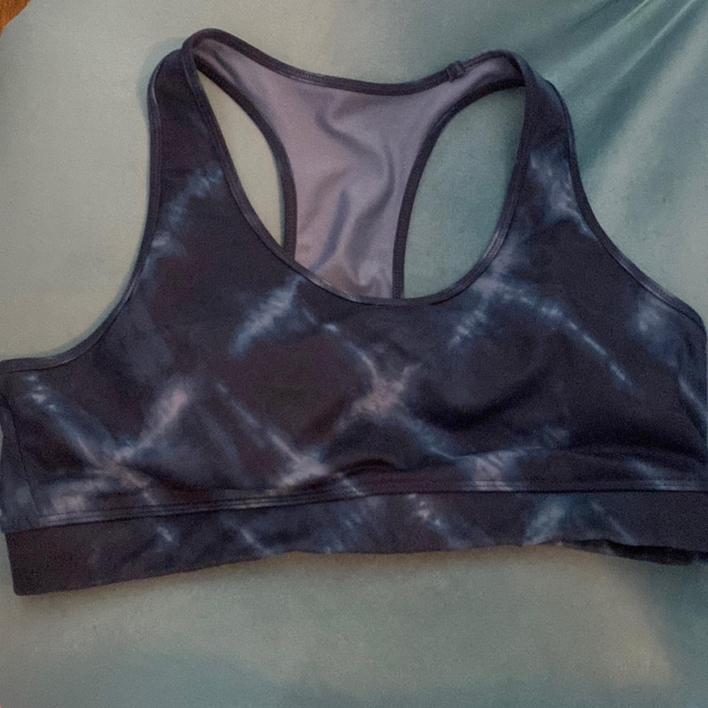Navy blue tie dye gapfit racerback sports bra, size Large